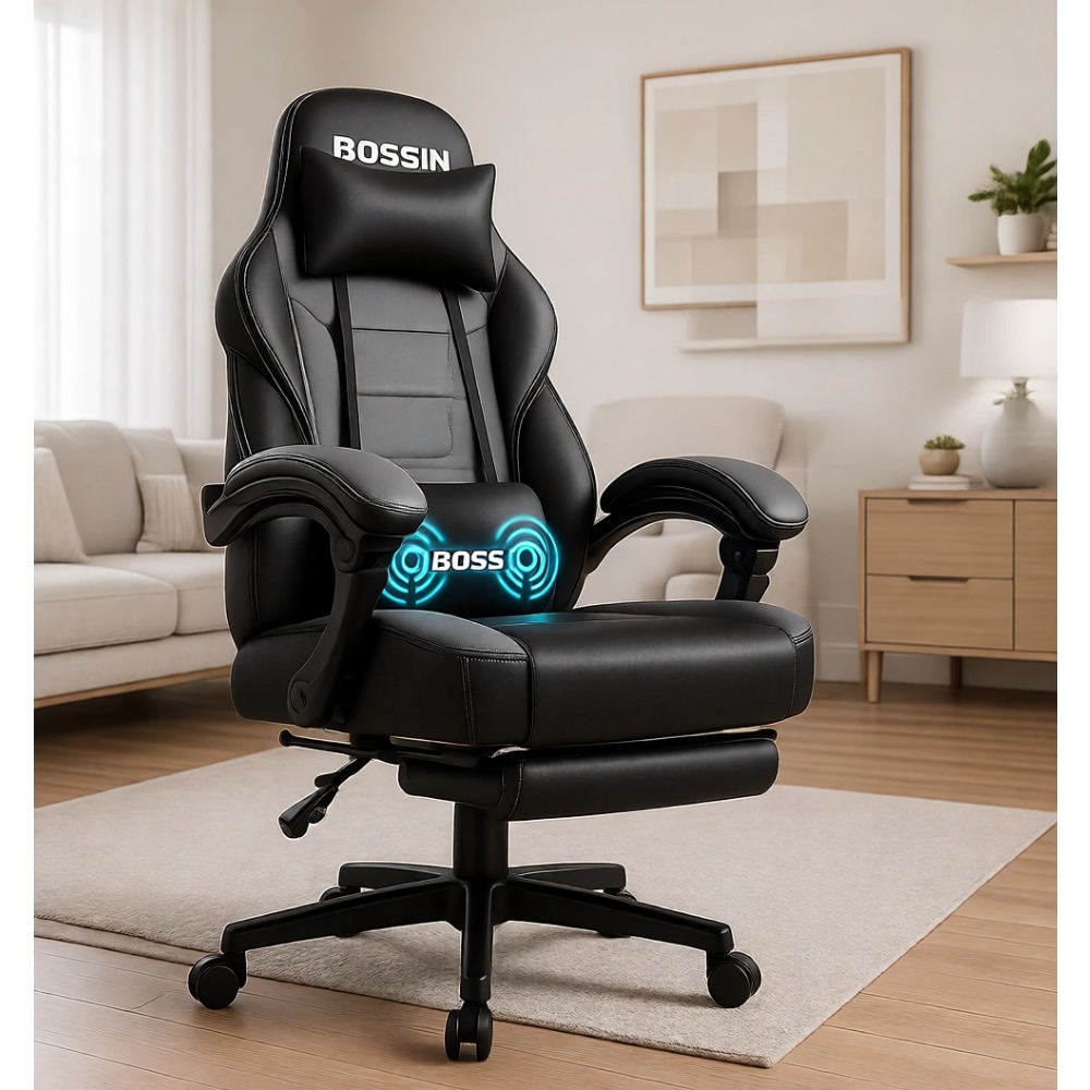 Gaming Chair - 人間工学に基づいた頑丈なゲーミングチェア（マッサージ機能、フットレスト、ランバーサポート付き）