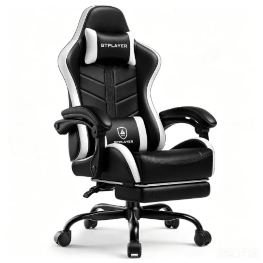 Gaming Chair - 大人用ゲーミングチェア、フットレスト付き人間工学に基づいたコンピューターゲーミングチェア、高さ調節可能、90-155 ° リクライニング機能と取り外し可能なヘッドレスト