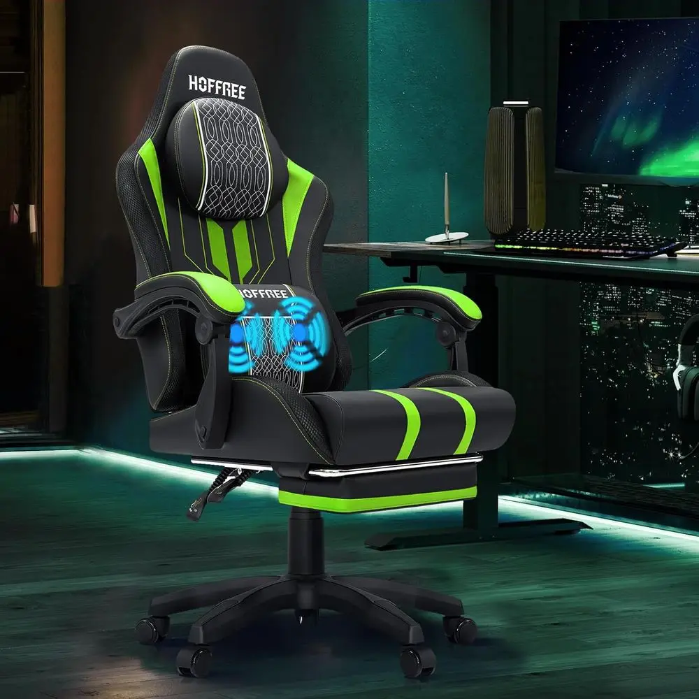 Gaming Chair - 人間工学に基づいたマッサージ機能付きゲーミングチェア（大型・背の高い方向け）、最大400ポンドまで対応、リクライニング機能付き、グリーンとブラック