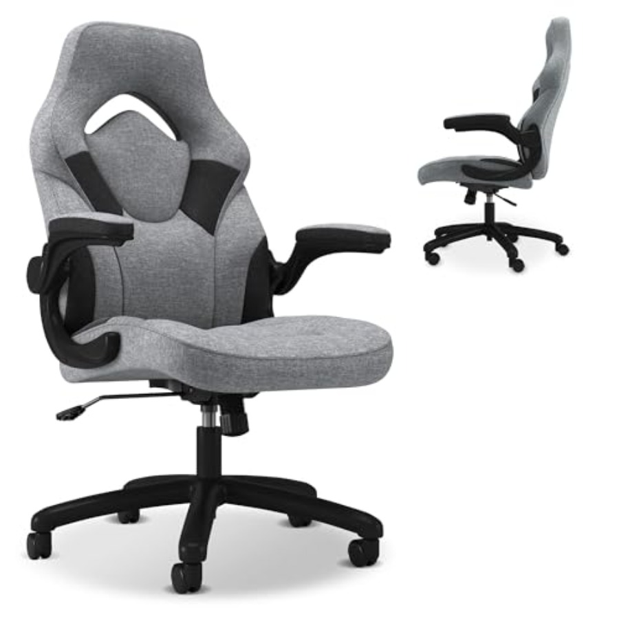 Gaming Chair - 大人向け人間工学に基づいたゲーミングチェア、グレーの布張り、ハイバックオフィスチェア、ヘッドレスト付き、フリップアップアーム、ランバーサポート、レーシングスタイル