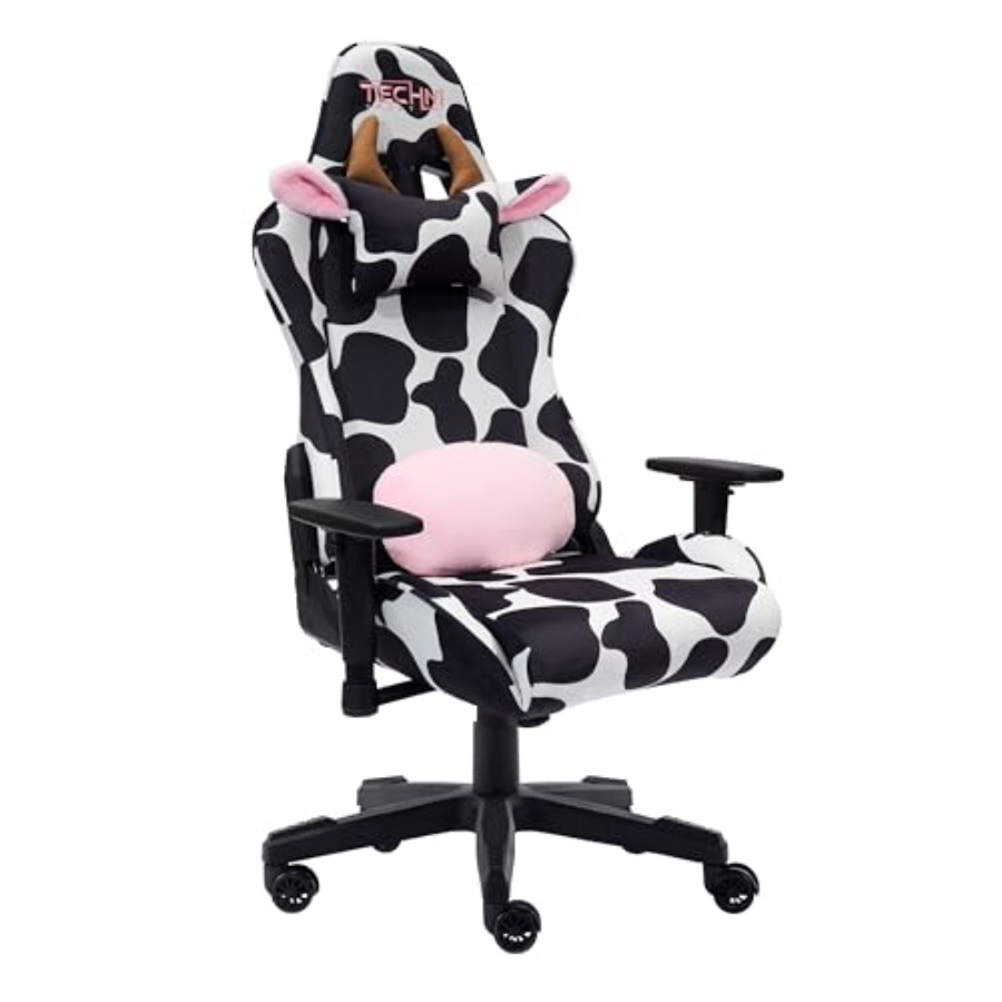 Gaming Chair - ホームオフィス用ゲーミングチェア、黒牛革製、人間工学に基づいたサポート機能と高さ調整機能付き