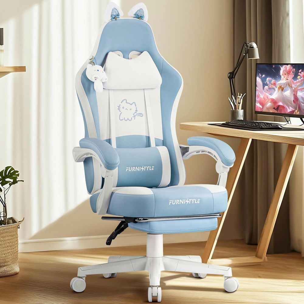 Gaming Chair - 人間工学に基づいた青/白のゲーミングチェア、腰椎サポートとマッサージ機能付きで快適なゲームプレイを実現