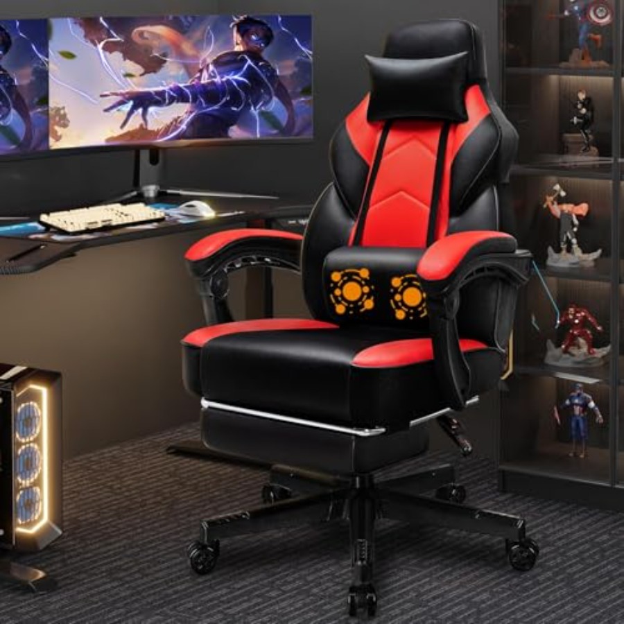 Gaming Chair - フットレスト付きゲーミングチェア、マッサージランバーサポート、高さ調整、360度回転機能付き ° 回転式シート。 ゲーミング向け人間工学に基づいたデザイン