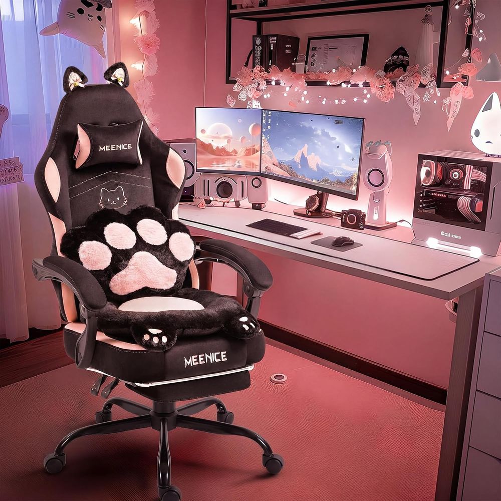 Pc Gaming Pink - ピンクのゲーミングチェア、猫耳と足型のランバークッション付き、人間工学に基づいたコンピューターチェア、フットレスト付き、リクライニングPCゲームチェアまたは女の子向けチェア