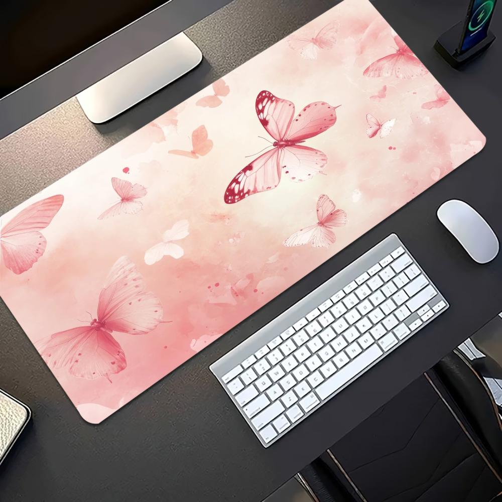 水彩画ピンク蝶柄大型ゲーミングマウスパッド滑り止めゴム製デス - Pc Gaming Pink のレビューと価格