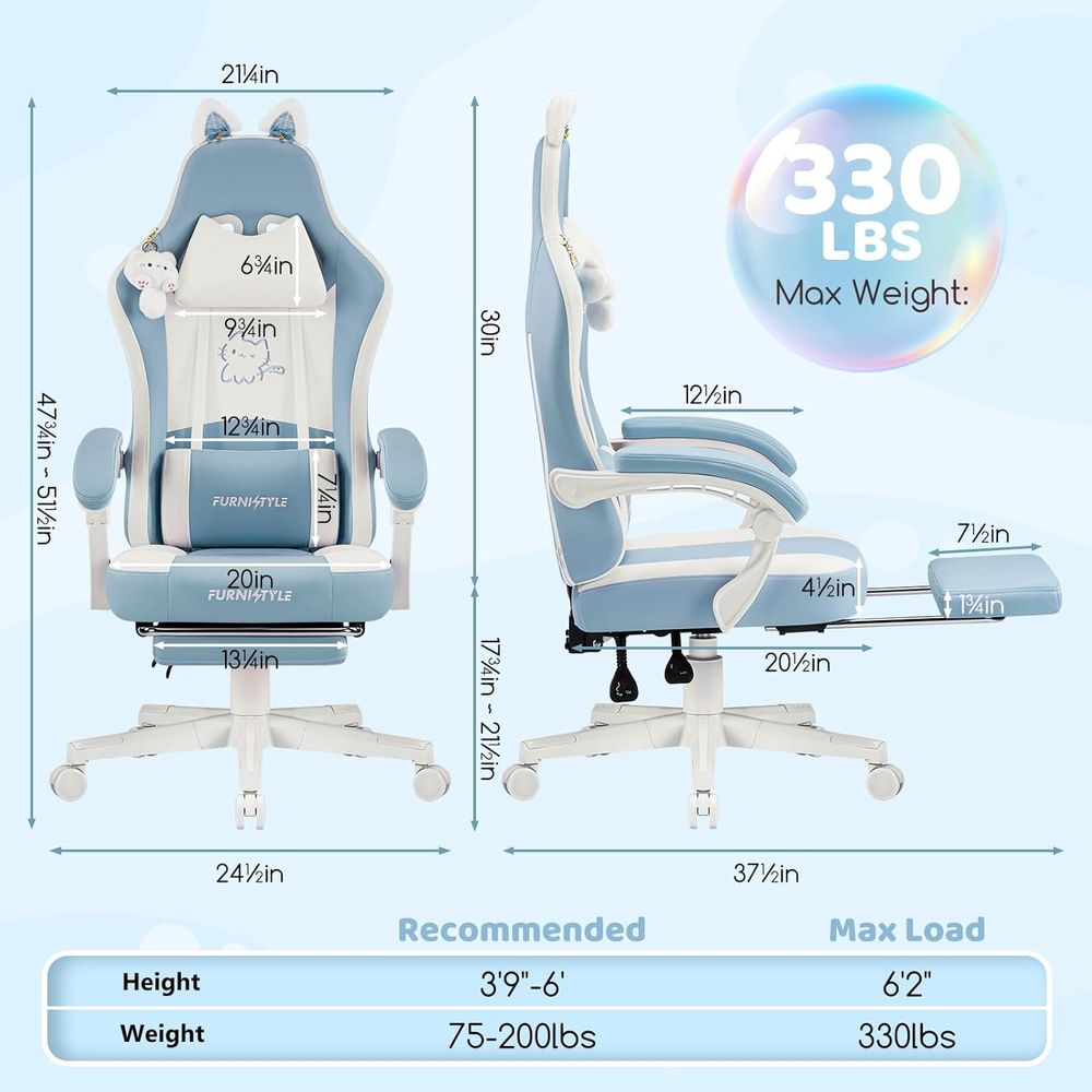 人間工学に基づいた青/白のゲーミングチェア、腰椎サポートとマ - Gaming Chair のレビューと価格