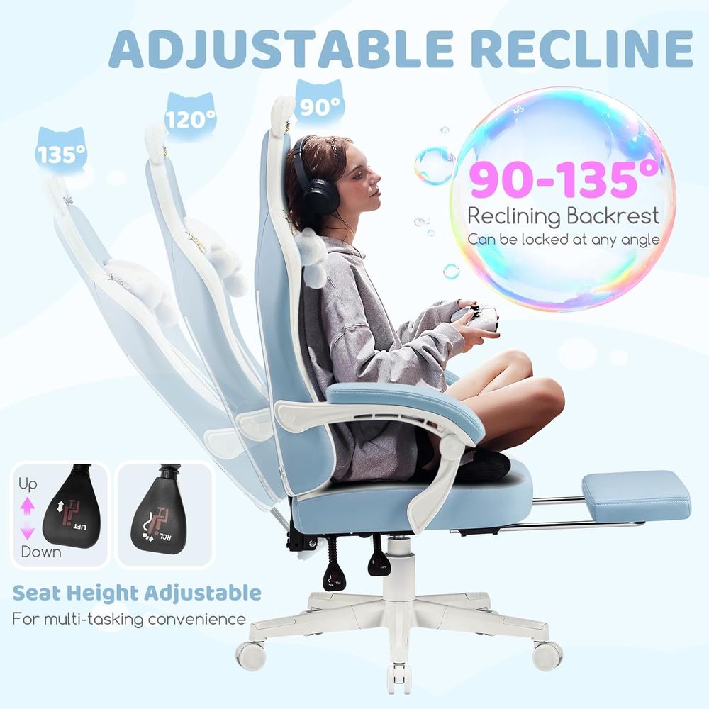 人間工学に基づいた青/白のゲーミングチェア、腰椎サポートとマ - Gaming Chair のレビューと価格