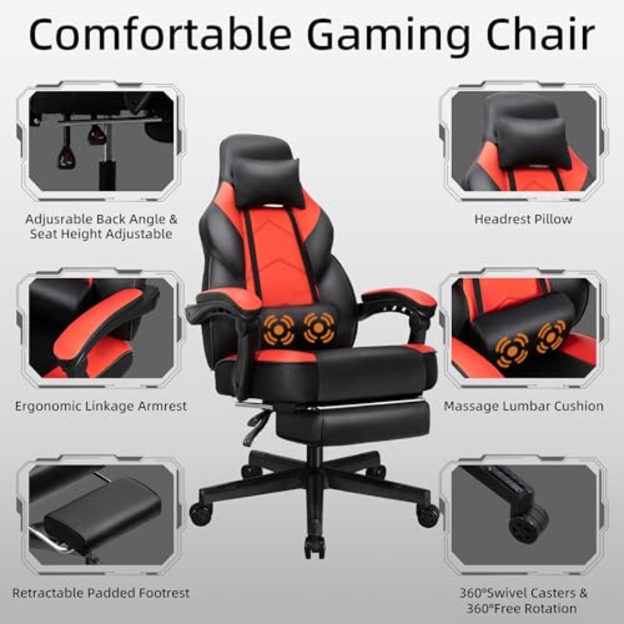 フットレスト付きゲーミングチェア、マッサージランバーサポート - Gaming Chair のレビューと価格