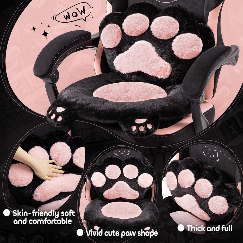 ピンクのゲーミングチェア、猫耳と足型のランバークッション付き - Pc Gaming Pink のレビューと価格